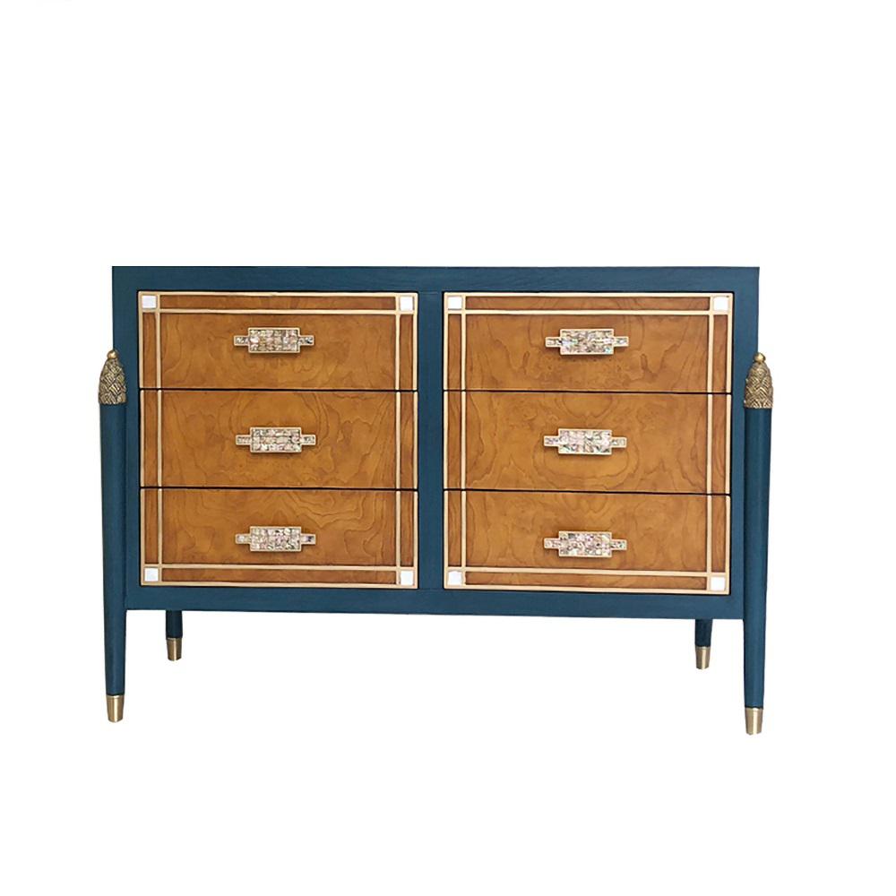 50" Modern Blue Dresser Accent Cabinet with 6 Drawers and Shell Pulls in Gold