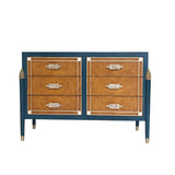 50" Modern Blue Dresser Accent Cabinet with 6 Drawers and Shell Pulls in Gold