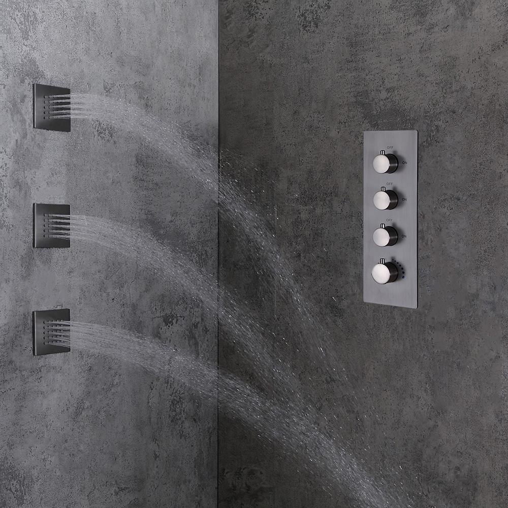 Modern Rain Thermostatic Brushed Nickel Shower Faucet Flush Mount Shower System with Hand Shower & Body Jets Solid Brass