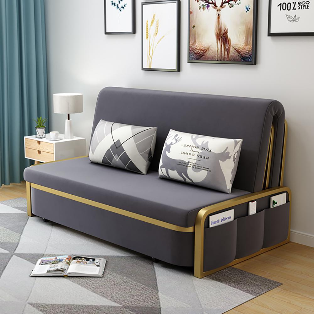 Modern Convertible Sofa Bed with Storage Velvet Upholstery in Beige & Gold