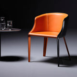 Chaise de salle à manger rembourrée en cuir moderne noir et orange avec des jambes en métal