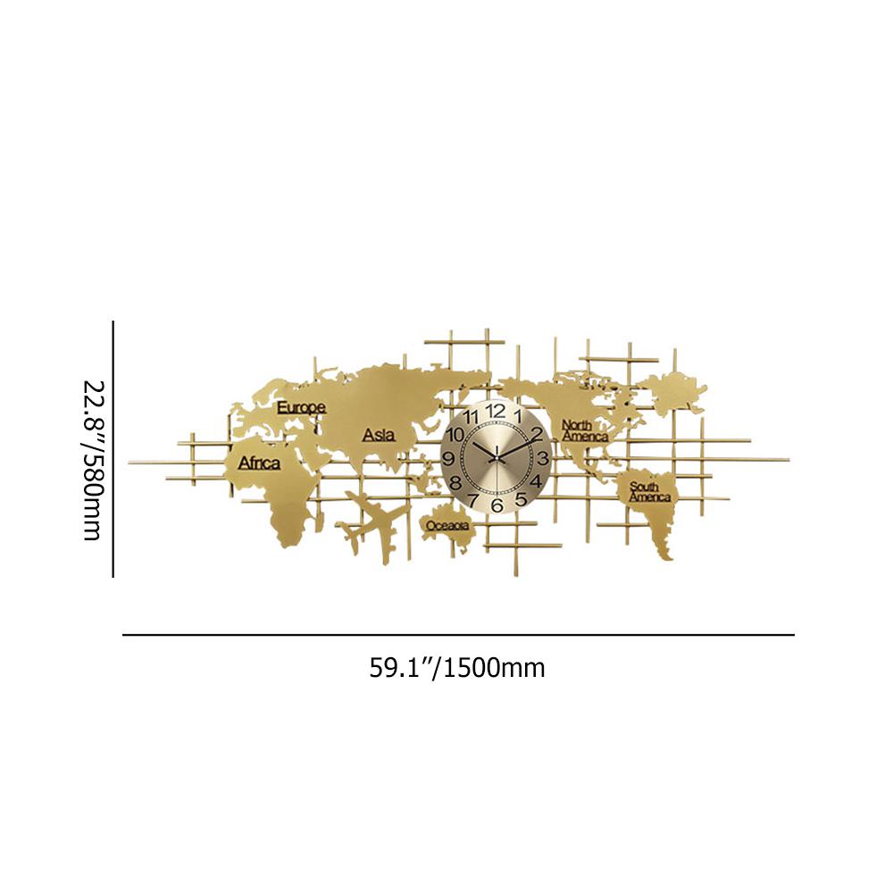 59.1" x 22.8" Luxury Golden Metal Oversized World Map Wall Clock Home Decor