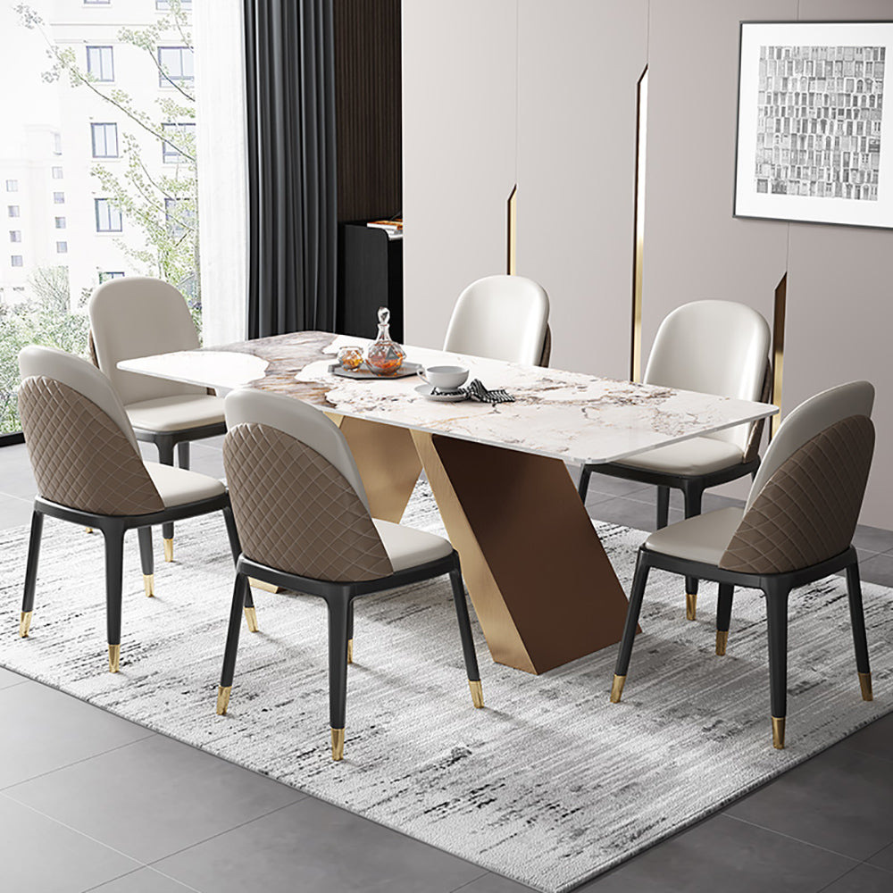 63" Contemporary White Rectangular Stone Dining Table Gold X-Base Dinner Table