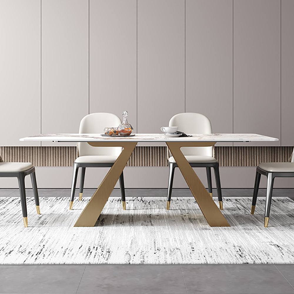 63" Contemporary White Rectangular Stone Dining Table Gold X-Base Dinner Table