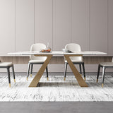 63" Contemporary White Rectangular Stone Dining Table Gold X-Base Dinner Table