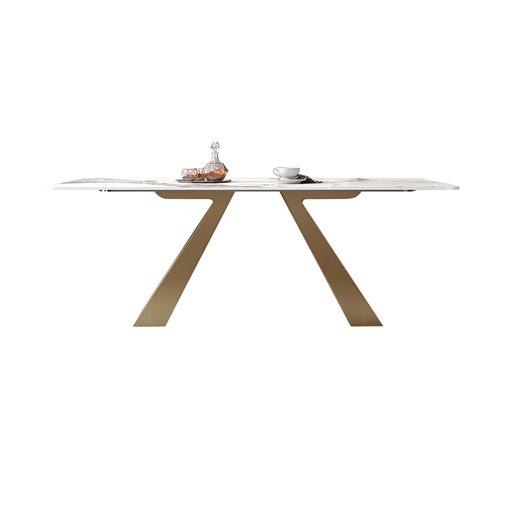 63" Contemporary White Rectangular Stone Dining Table Gold X-Base Dinner Table
