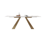 63" Contemporary White Rectangular Stone Dining Table Gold X-Base Dinner Table