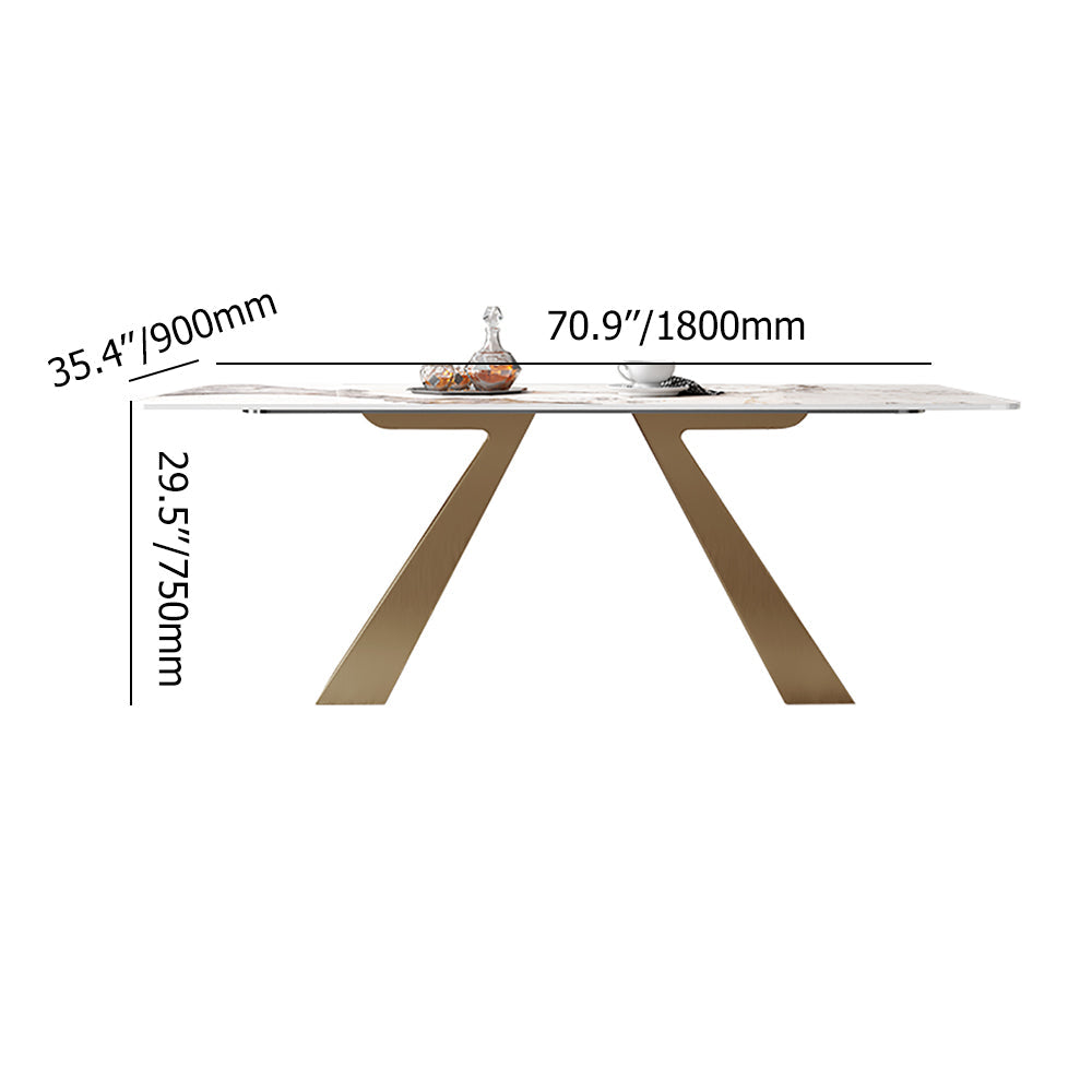 63" Contemporary White Rectangular Stone Dining Table Gold X-Base Dinner Table