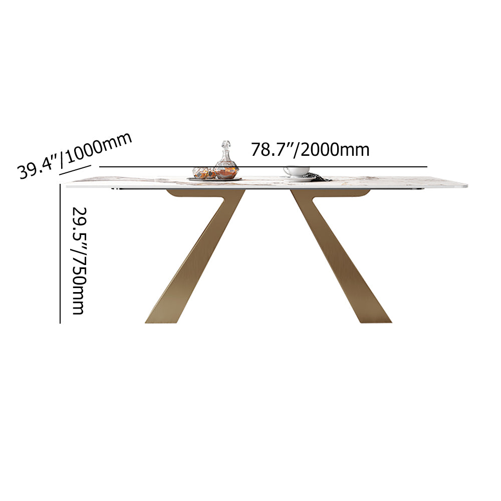 63" Contemporary White Rectangular Stone Dining Table Gold X-Base Dinner Table