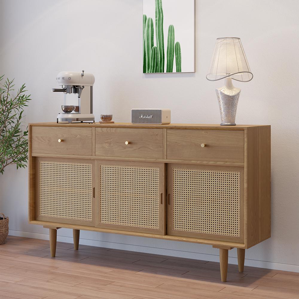 Farmhouse 55" Cane Sideboard Buffet with Storage Natural Kitchen Cabinet