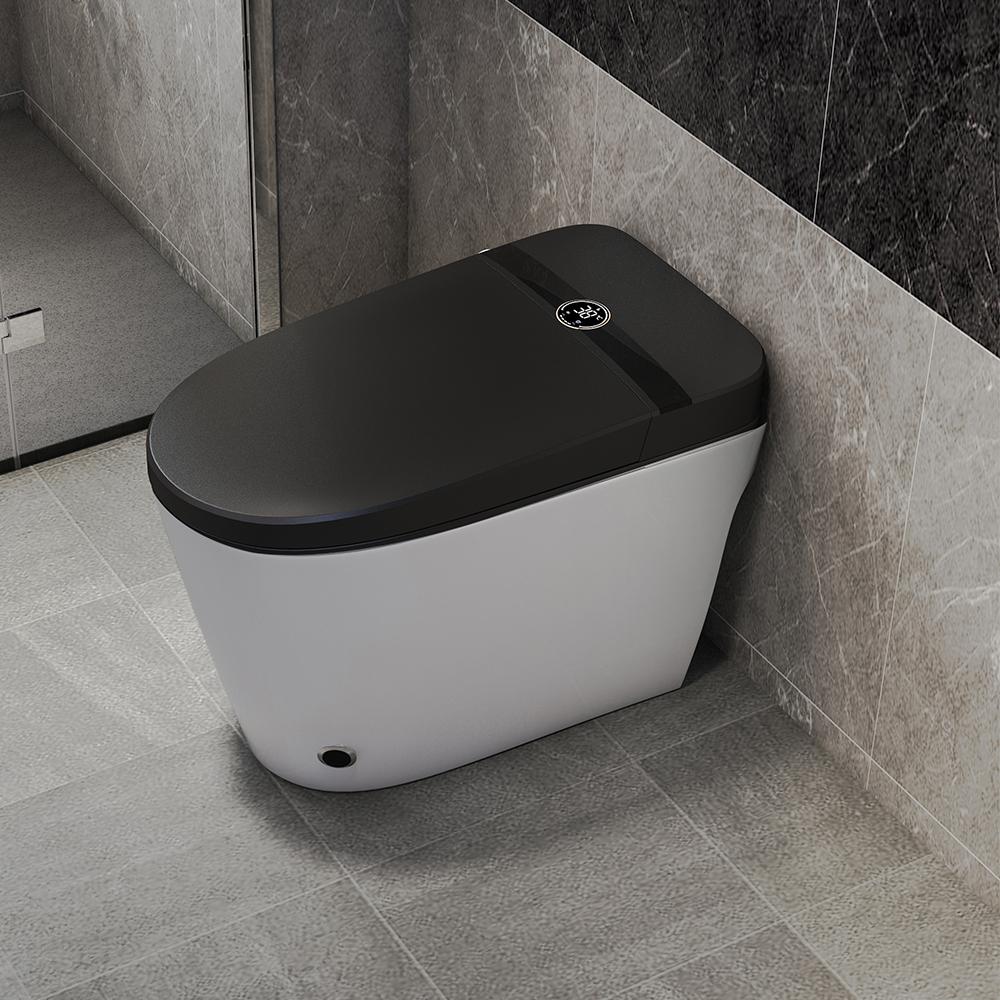 Elongated One-Piece Smart Toilet Floor Mounted Automatic Toilet in Black & Gold Rim