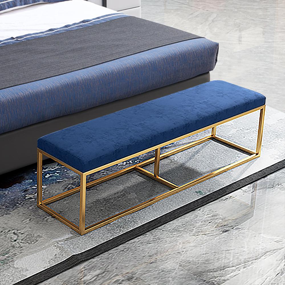 Modern Blue Velvet Bedroom Bench with Gold Metal Frame