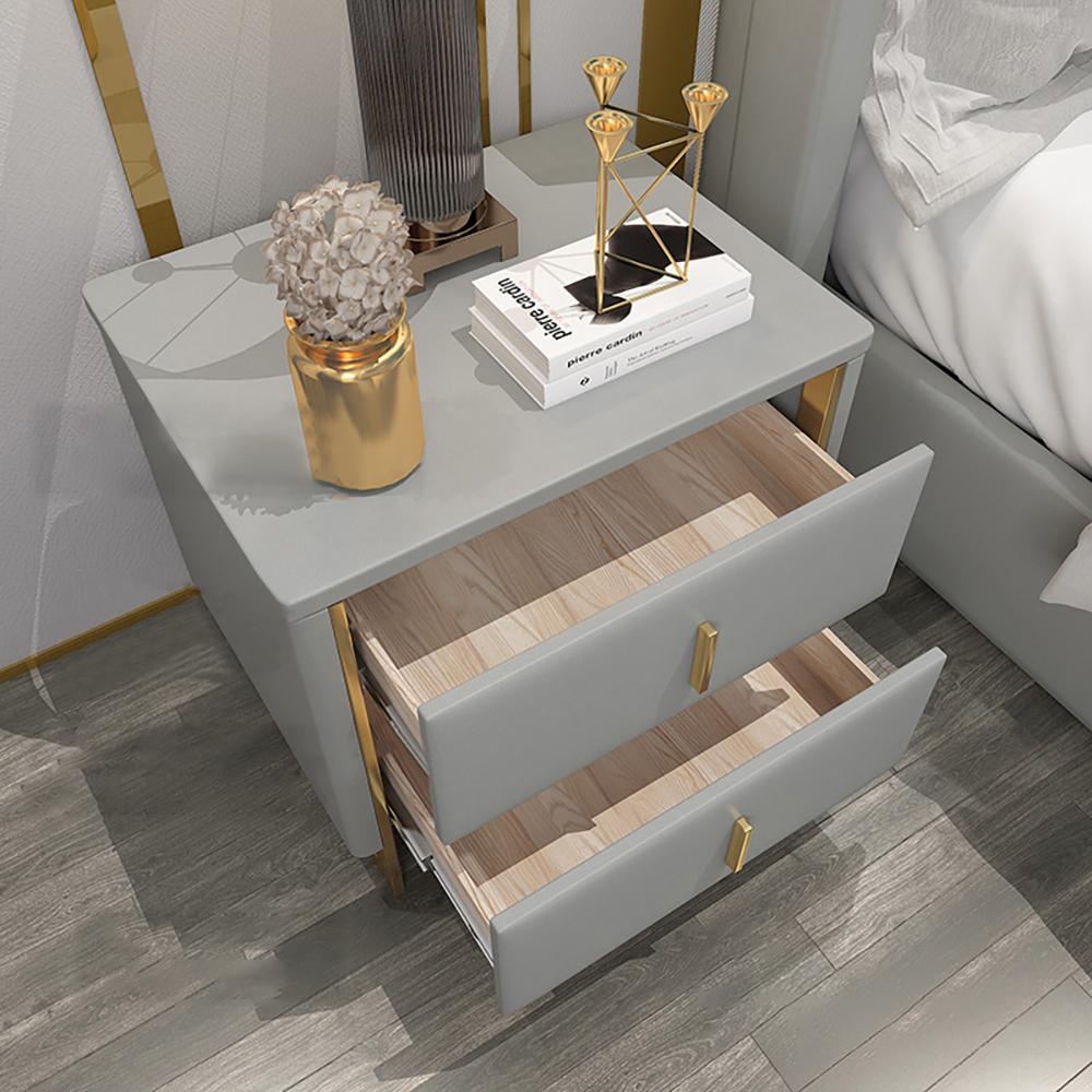 Modern Off White Nightstand 2-Drawer Faux Leather Bedside Table in Gold