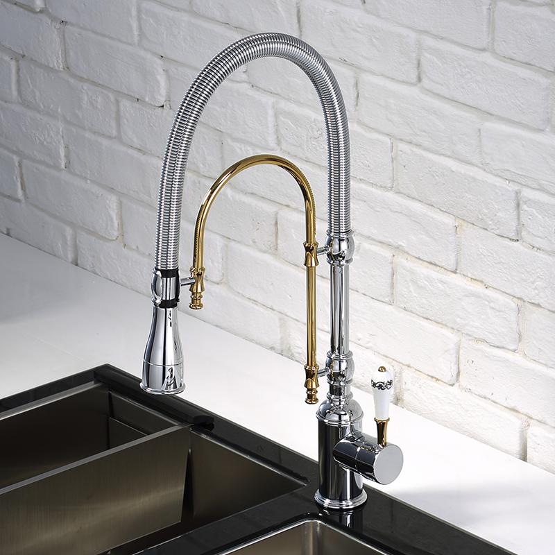 High Arc Dual-Mode Pull-Down Kitchen Faucet Solid Brass with Porcelain Handle