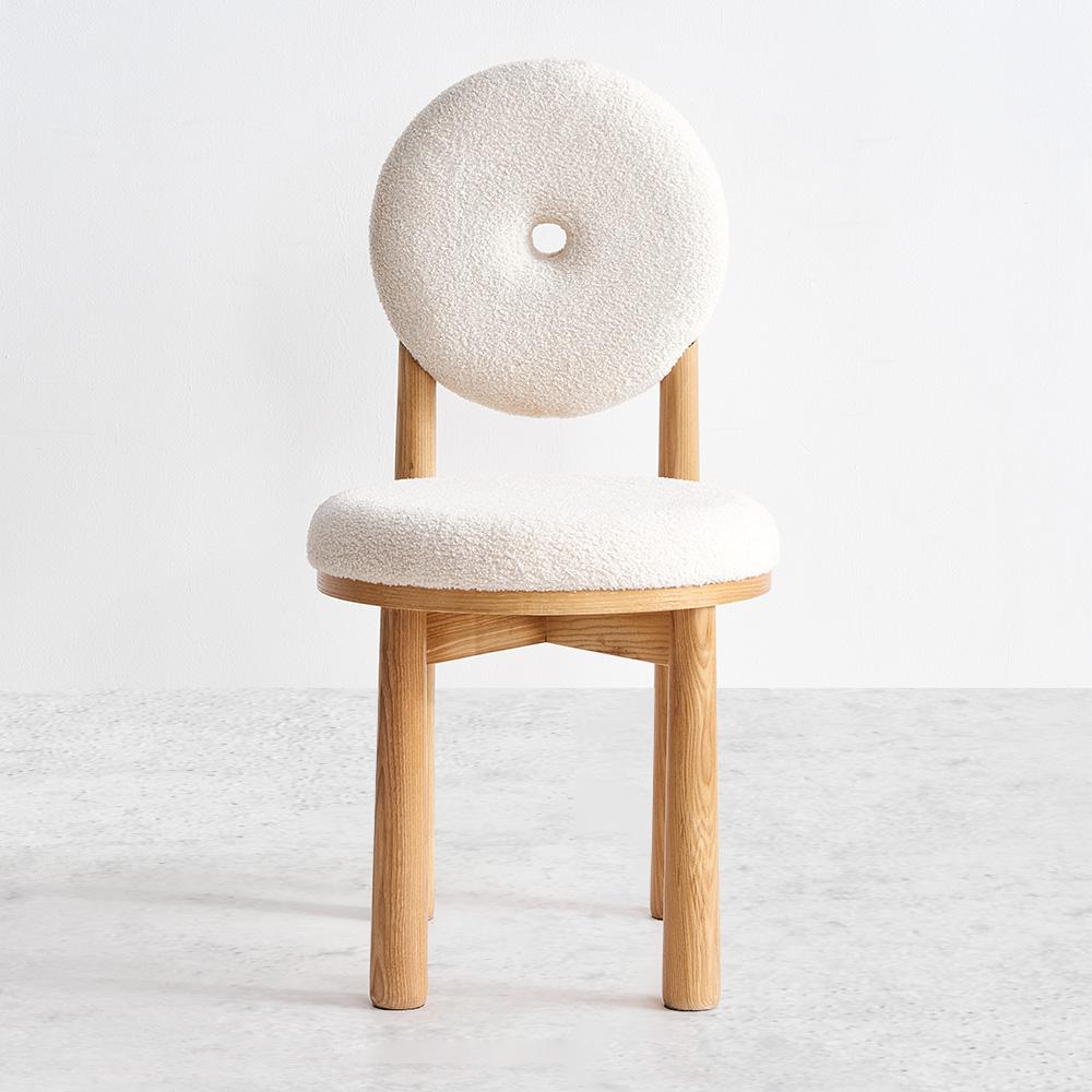 Modern White Boucle Dining Chair Side Chair Natural Wood Legs