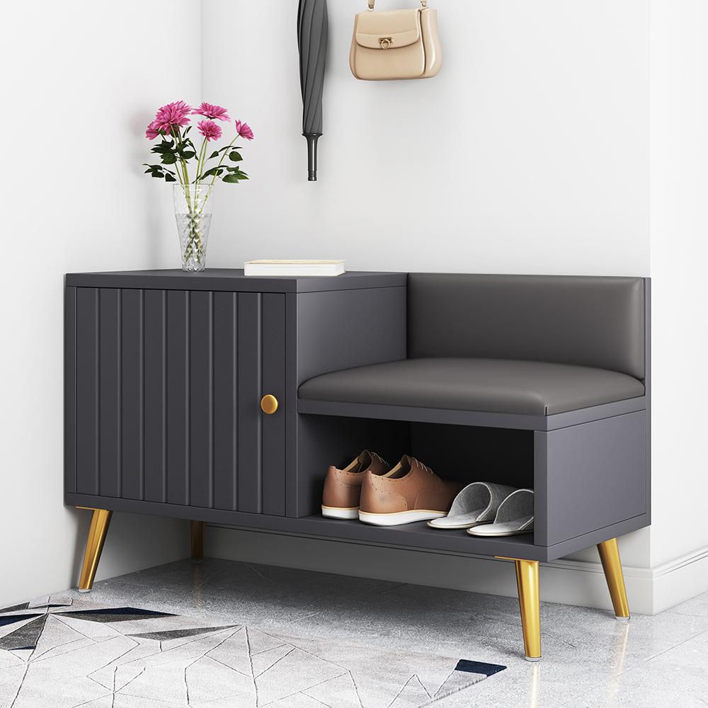 White Contemporary Upholstered Shoe Rack Bench with Storage Cabinet and Shelf Entryway