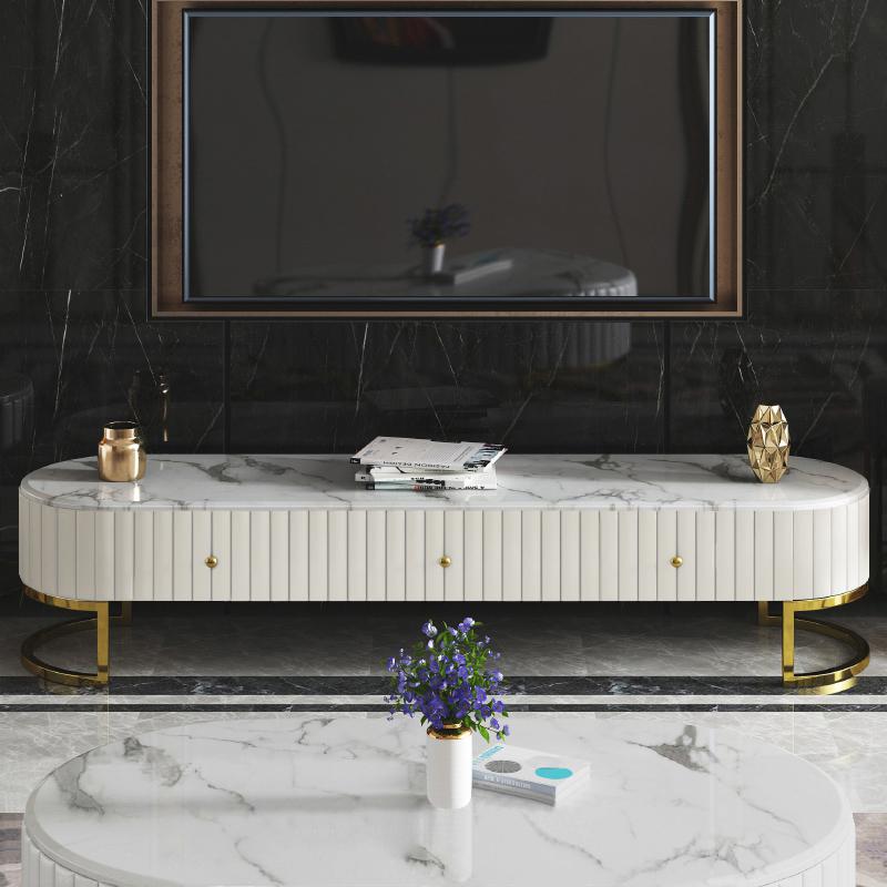 Epaule Modern Oval 71" TV Stand Faux Marble Top Media Stand with 3 Drawers in White