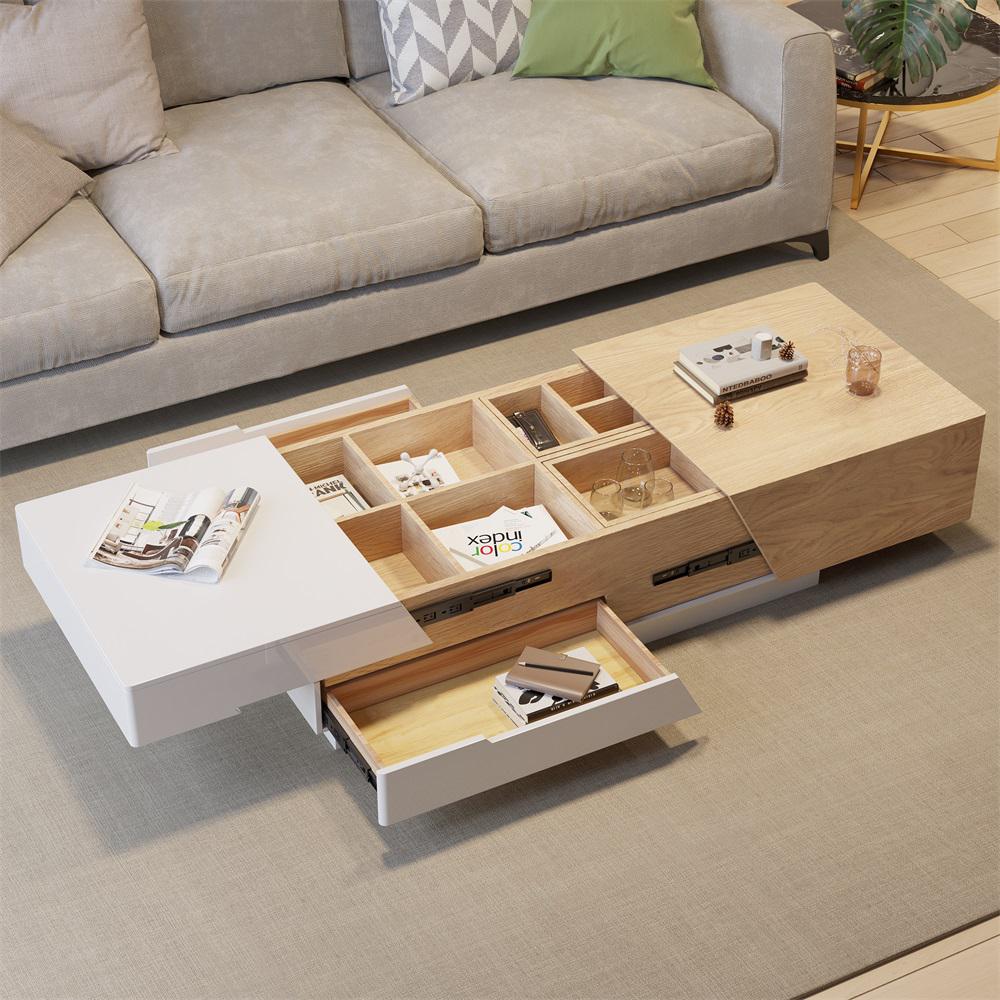 Pinkle 82'' Modern Wood Extendable Sliding Top Coffee Table with Storage in White Walnut