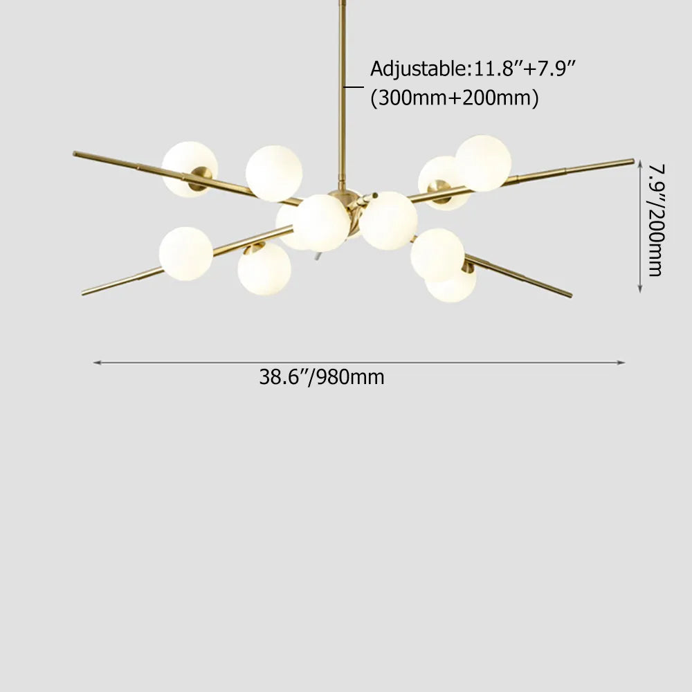 Modern 12-Light Glass Globe Sputnik Chandelier in Brass for Living Room and Bedroom