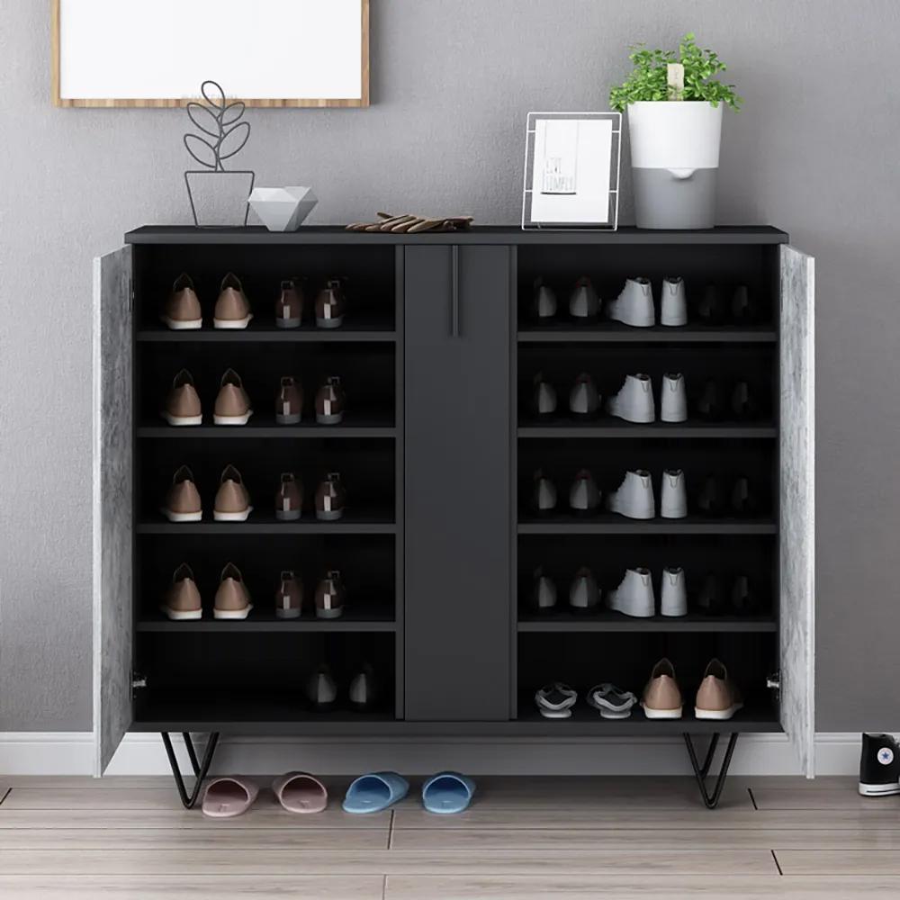 Modern Shoe Cabinet Gray & Black Shoe Organizer with Doors Shelves Drawer in Small