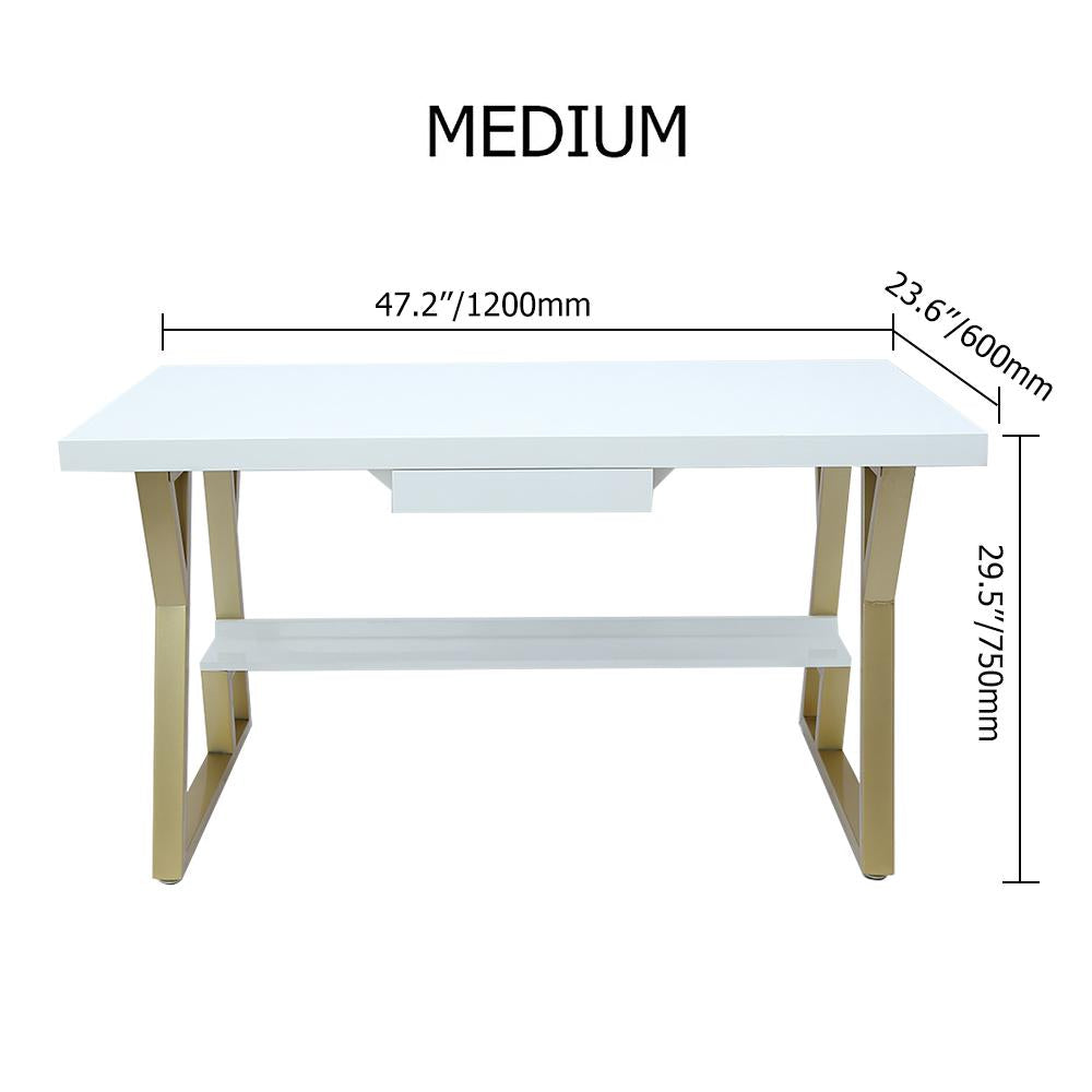 39" Rectangular White Computer Desk with Drawer and Shelf Gold Leg