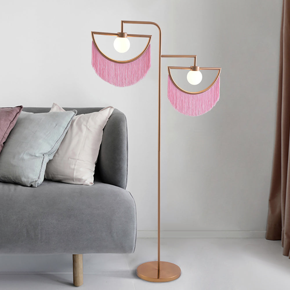 2-Light Linear Floor Lamp with Pink Fringes Macrame and Gold Tones Hanging