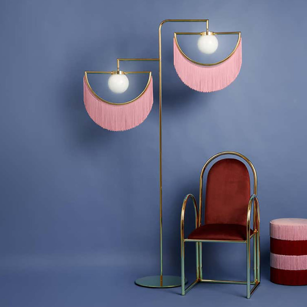 2-Light Linear Floor Lamp with Pink Fringes Macrame and Gold Tones Hanging