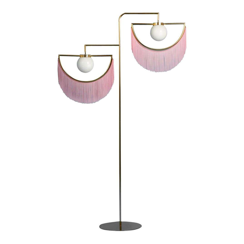2-Light Linear Floor Lamp with Pink Fringes Macrame and Gold Tones Hanging