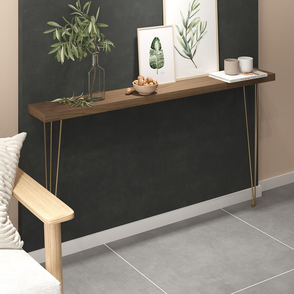 39" Modern Walnut Narrow Rectangular Console Table with Wooden Top Metal Legs