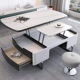 Mesa de centro blanca moderna con tapa de piedra de almacenamiento y base extensible de acero al carbono