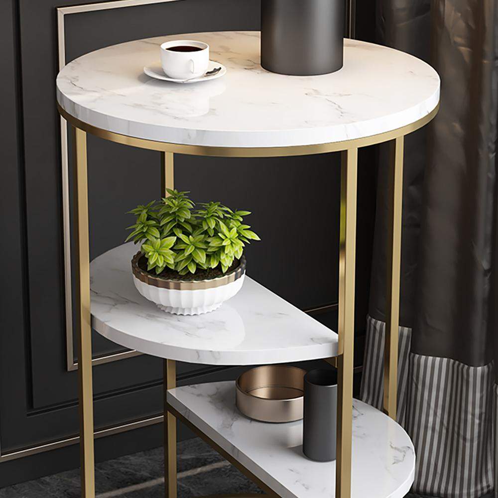 3-Tiered Gold End Table with Shelf Marble Top & Metal Frame Side Table-Richsoul-End & Side Tables,Furniture,Living Room Furniture