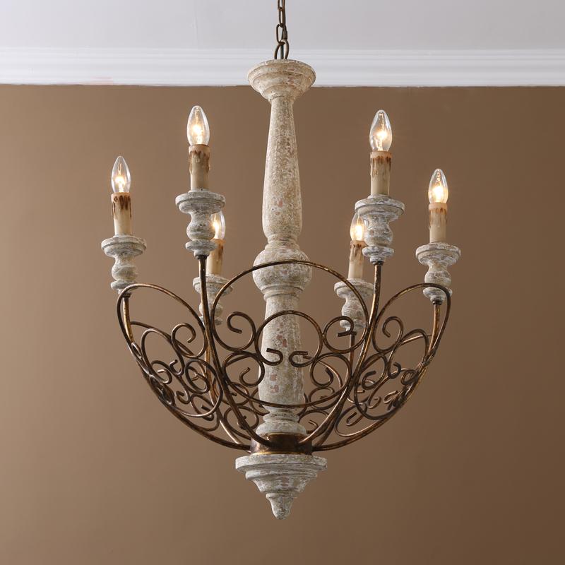 Retro White Scrollwork Distressed Wood 6-Light Candle-Style Chandelier