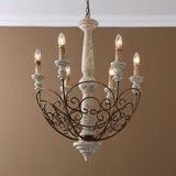 Retro White Scrollwork Distressed Wood 6-Light Candle-Style Chandelier