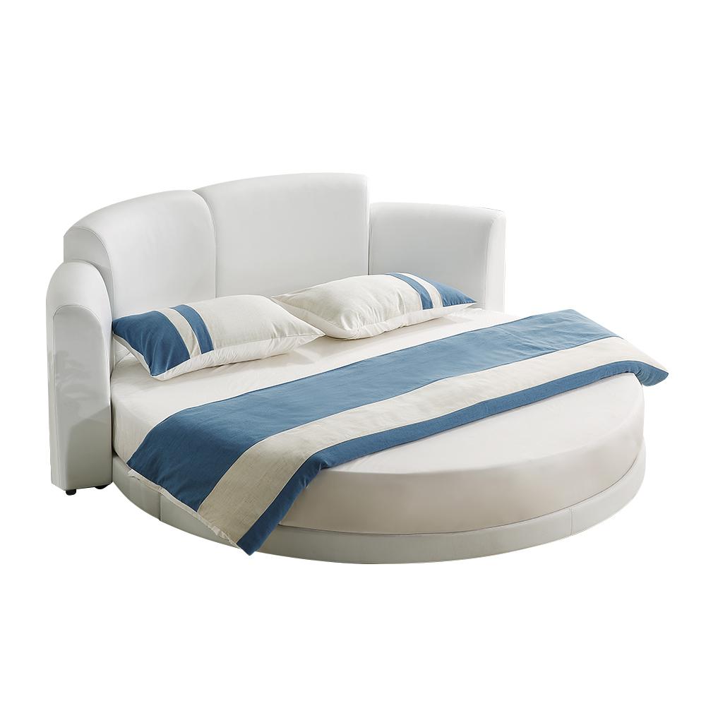 White Round Platform Bed Faux Leather Upholstered Bed with LED Light