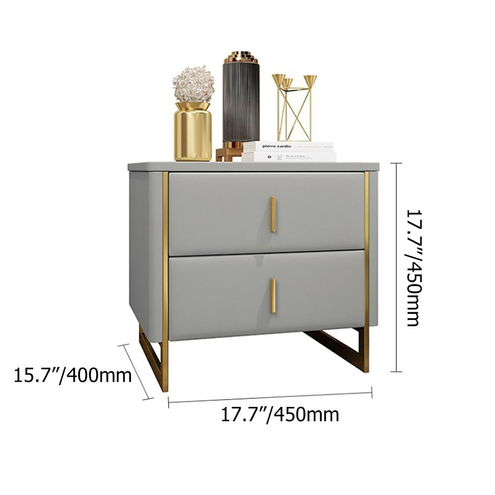 Modern Off White Nightstand 2-Drawer Faux Leather Bedside Table in Gold