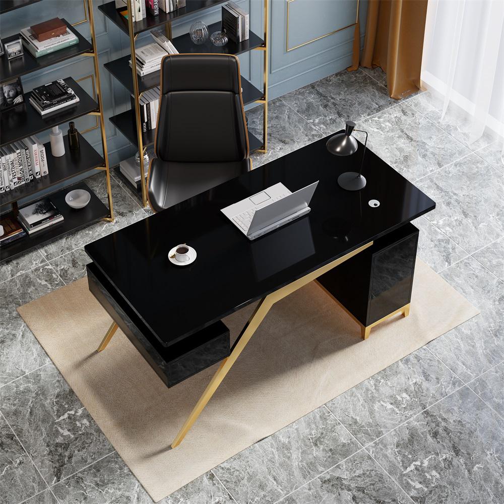 55" Ultra Modern White and Gold Computer Writing Desk with Storage & Drawer