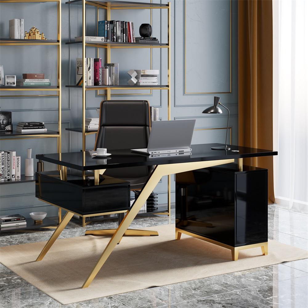 55" Ultra Modern White and Gold Computer Writing Desk with Storage & Drawer