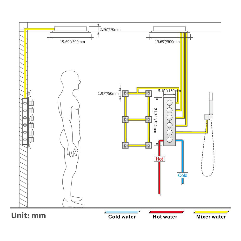 Wall-Mounted 20" Music Shower System Rainfall 5 Functions Thermostatic