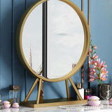 Faux Marble Tabletop Dressing Makeup Table with Mirror & Drawer Chair Included Metal Base in Gold Small