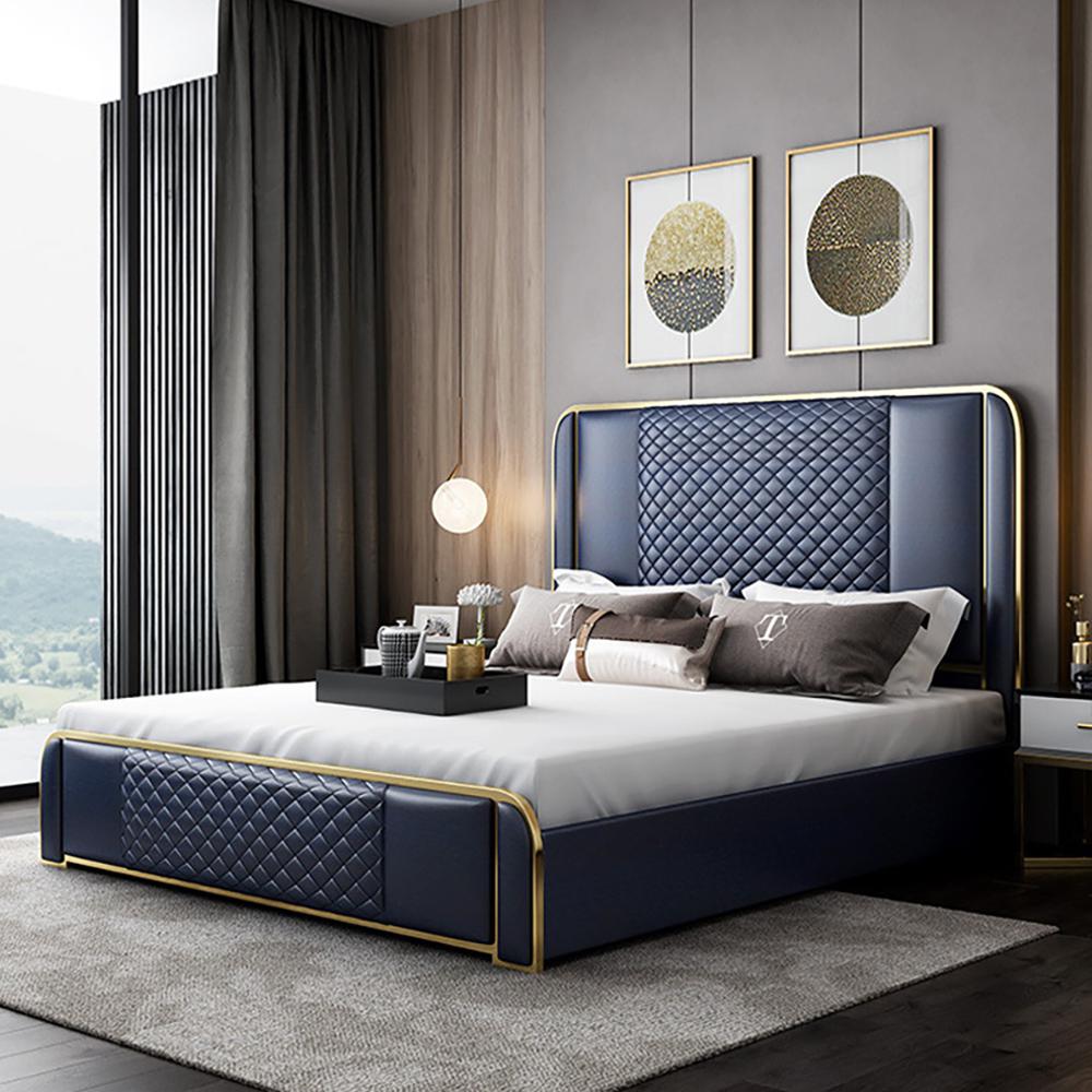 Cal King Platform Bed Gray Faux Leather Bed with Wood Slats Support