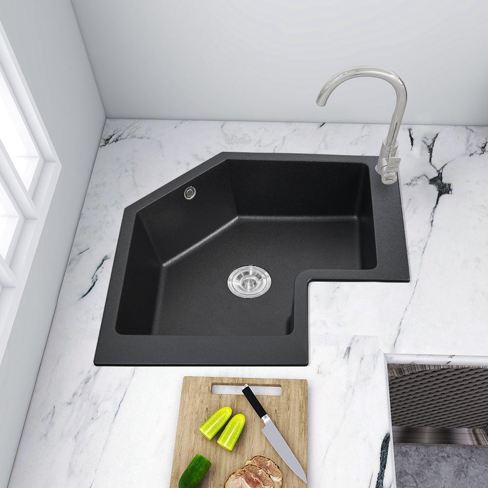 Drop In Corner Kitchen Sink Modern Single Bowl 27" Quartz Irregular Sink in Black