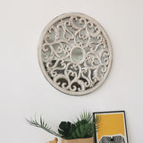 Round Vintage Wall Mirror Hollow-out Carved Flower Art with MDF Frame