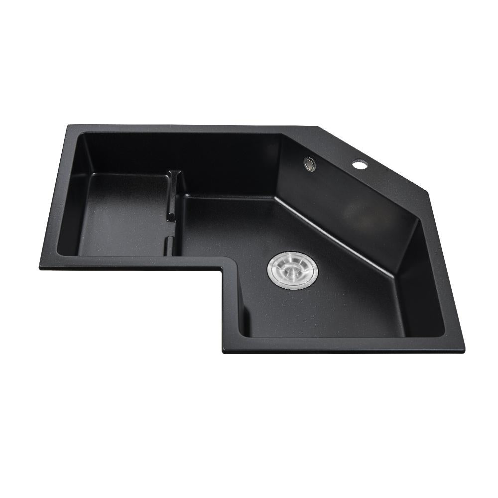 Modern Black Drop In Corner Kitchen Sink 32" Single Bowl Quartz Irregular Right Sink