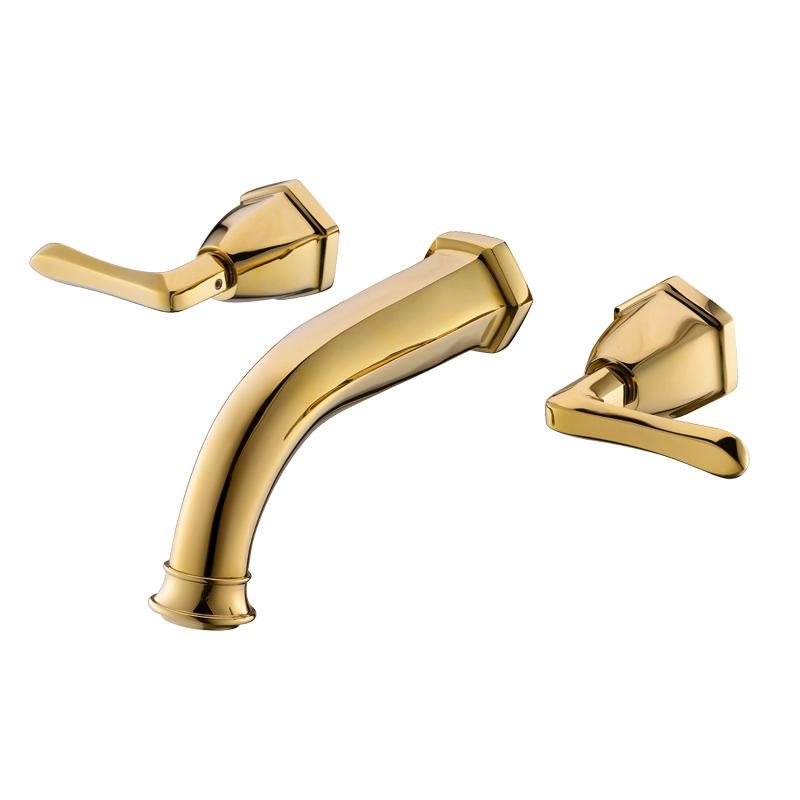 Traditional Wall Mounted Double Handle Bathroom Sink Faucet Solid Brass in Gold Finish