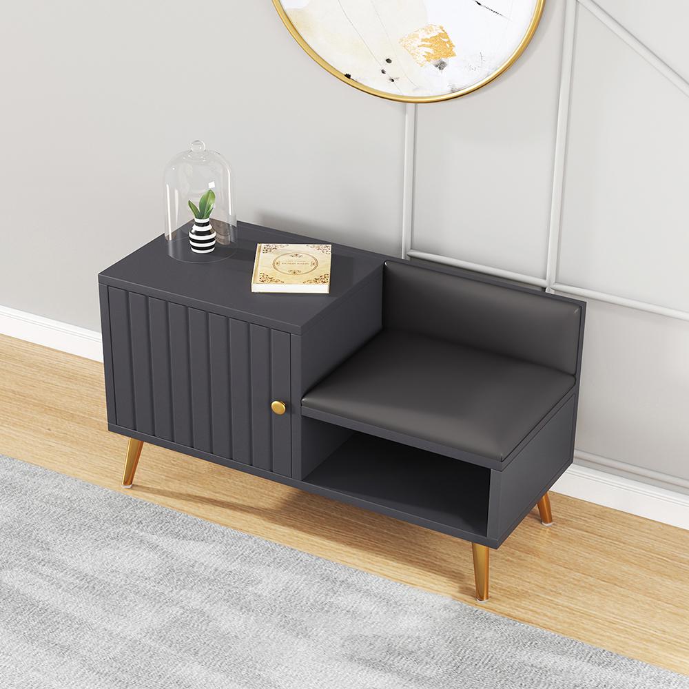White Contemporary Upholstered Shoe Rack Bench with Storage Cabinet and Shelf Entryway
