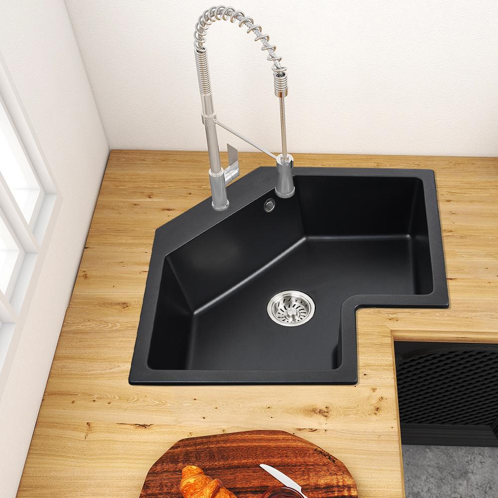 Black Drop In Corner Kitchen Sink Modern Single Bowl 25" Quartz Irregular Sink