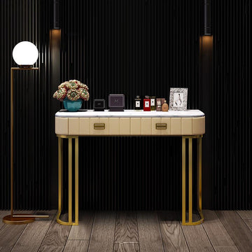 Faux Marble Tabletop Dressing Makeup Table with Drawers Metal Base in Gold