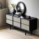 63" Modern Black Cane Sideboard Buffet Cabinet with 3 Rattan Door Pine Wood