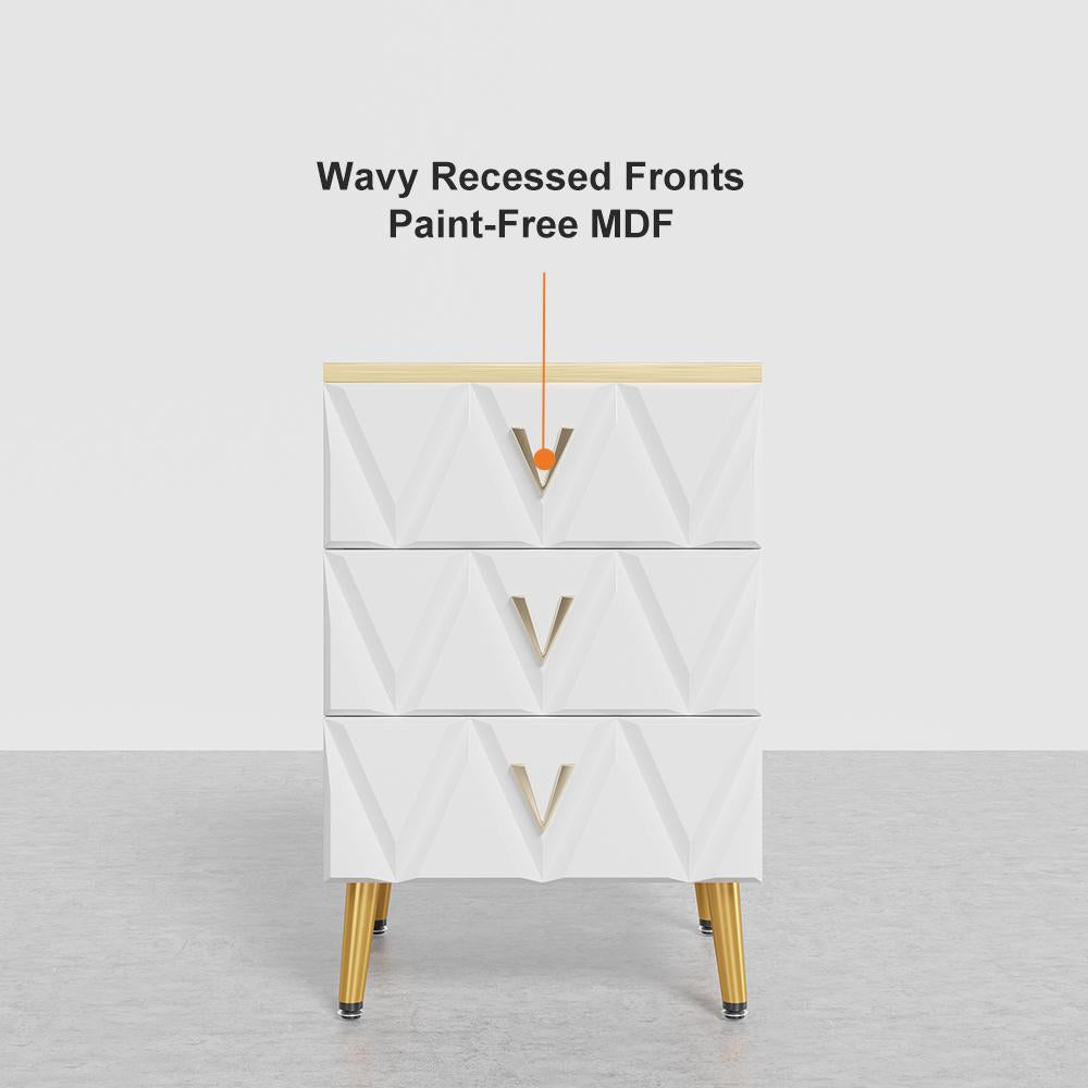 Nordic White Nightstand 3-Drawer Bedside Table V-Shaped Facet & Gold Pulls in Large