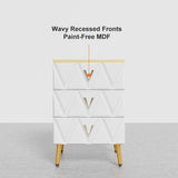 Nordic White Nightstand 3-Drawer Bedside Table V-Shaped Facet & Gold Pulls in Large